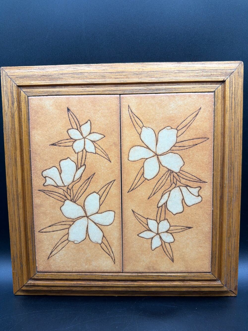 Vintage MCM Floral Ceramic Tile Trivet Wood Frame Hot Plate 10.75” Square